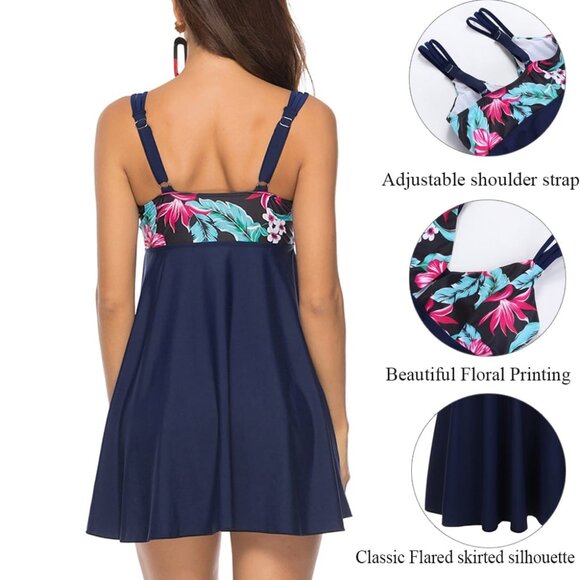 Floral Print Upper Two-Piece Swimsuit Navy Blue Tankini Swim Dress Beachwear - Picture 4 of 10